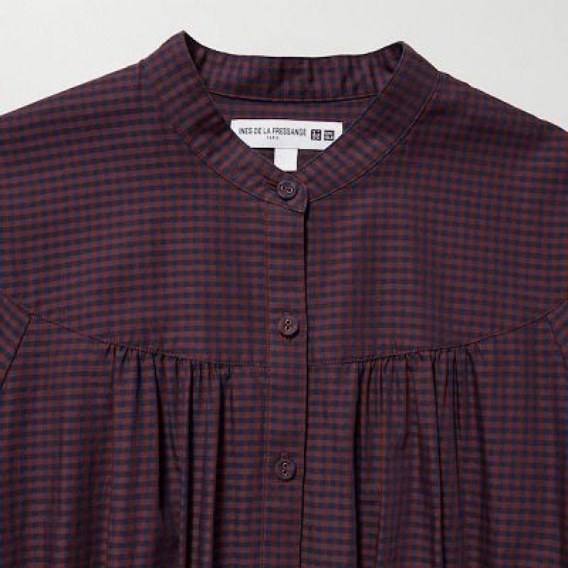 Women Uniqlo Cotton Twill Checked Volume Sleeve Long Dress Brown | 1863897