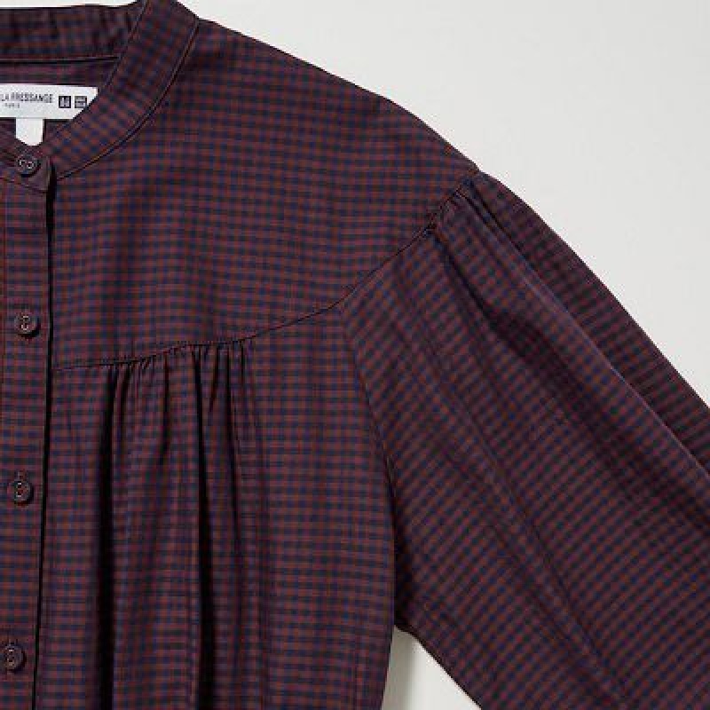 Women Uniqlo Cotton Twill Checked Volume Sleeve Long Dress Brown | 1863897