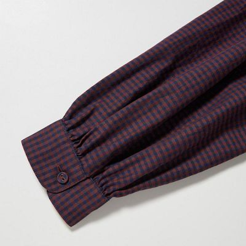 Women Uniqlo Cotton Twill Checked Volume Sleeve Long Dress Brown | 1863897