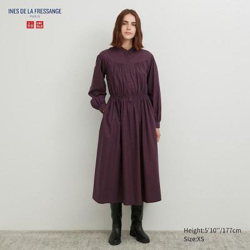 Women Uniqlo Cotton Twill Checked Volume Sleeve Long Dress Brown | 1863897