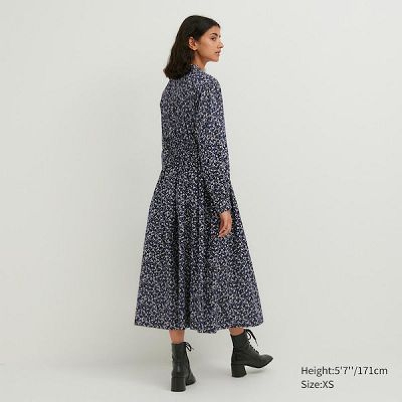 Women Uniqlo Cotton Twill Printed Volume Sleeve Long Dress Blue | 245011