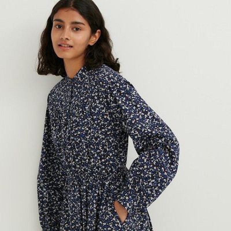 Women Uniqlo Cotton Twill Printed Volume Sleeve Long Dress Blue | 245011