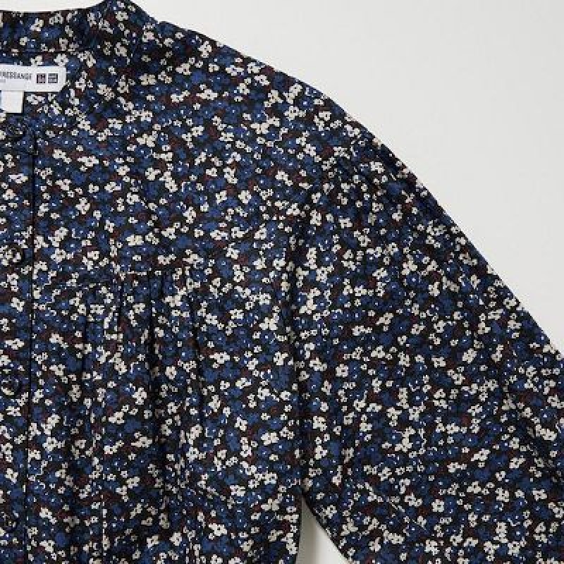 Women Uniqlo Cotton Twill Printed Volume Sleeve Long Dress Blue | 245011