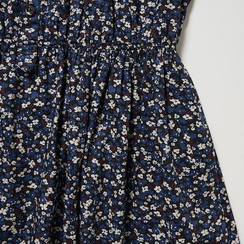 Women Uniqlo Cotton Twill Printed Volume Sleeve Long Dress Blue | 245011