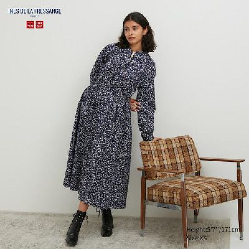 Women Uniqlo Cotton Twill Printed Volume Sleeve Long Dress Blue | 245011