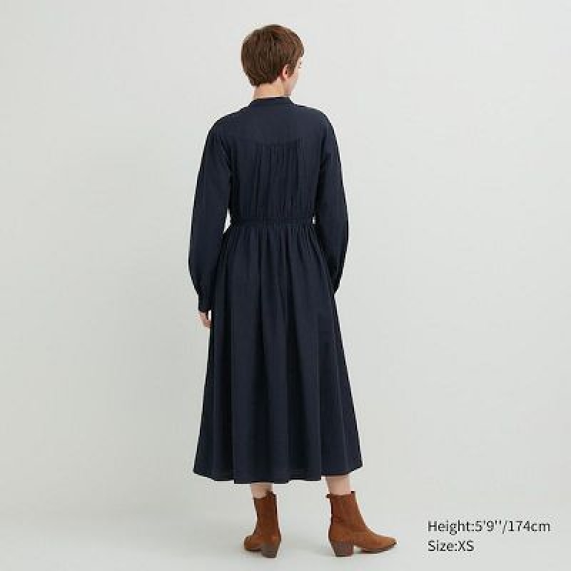 Women Uniqlo Cotton Twill Volume Sleeve Long Dress Navy | 1324574