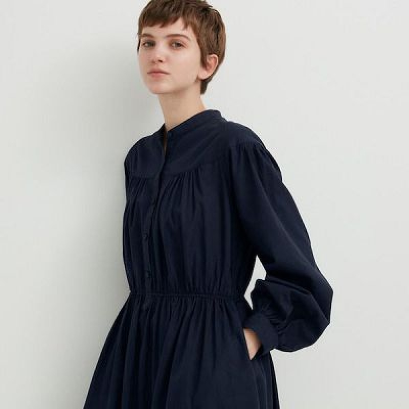Women Uniqlo Cotton Twill Volume Sleeve Long Dress Navy | 1324574