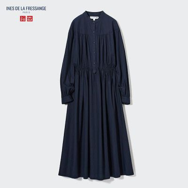 Women Uniqlo Cotton Twill Volume Sleeve Long Dress Navy | 1324574