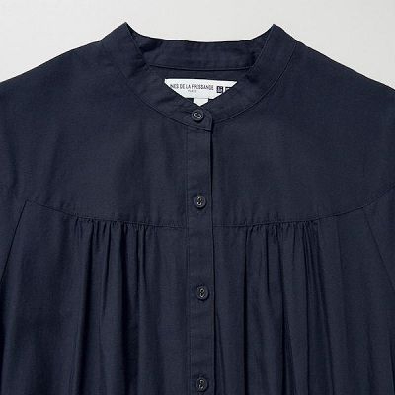 Women Uniqlo Cotton Twill Volume Sleeve Long Dress Navy | 1324574