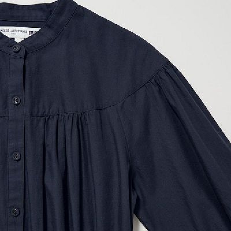 Women Uniqlo Cotton Twill Volume Sleeve Long Dress Navy | 1324574