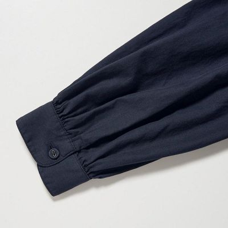 Women Uniqlo Cotton Twill Volume Sleeve Long Dress Navy | 1324574