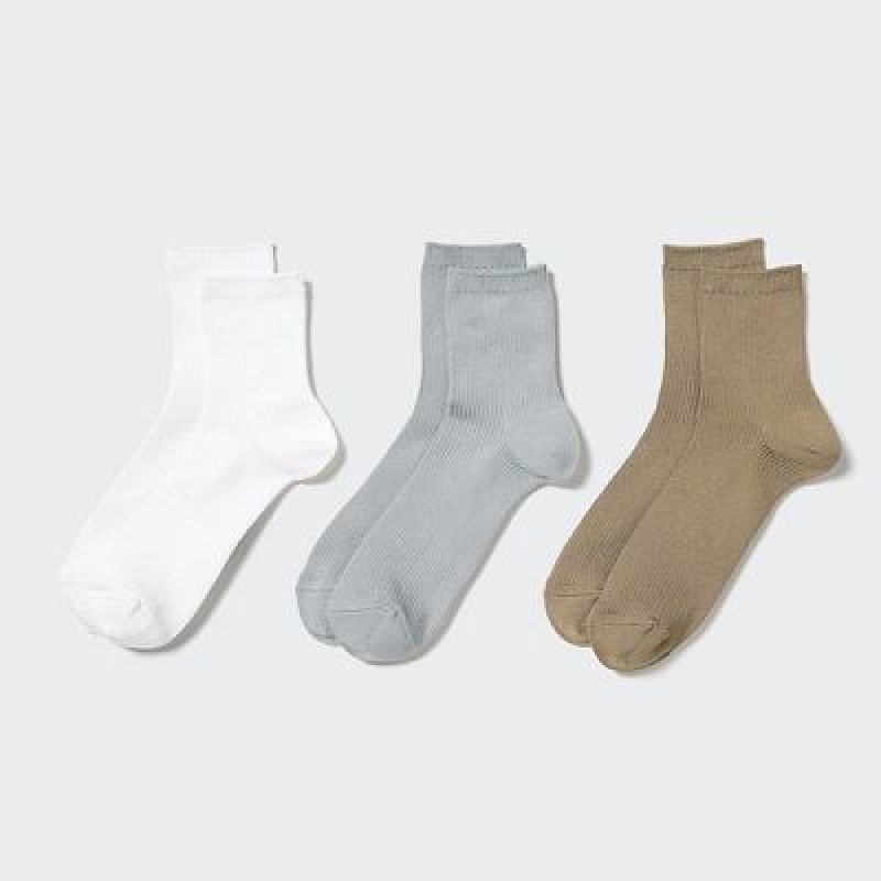 Women Uniqlo Crew Ribbed (3 Pairs) Socks White | 1859451