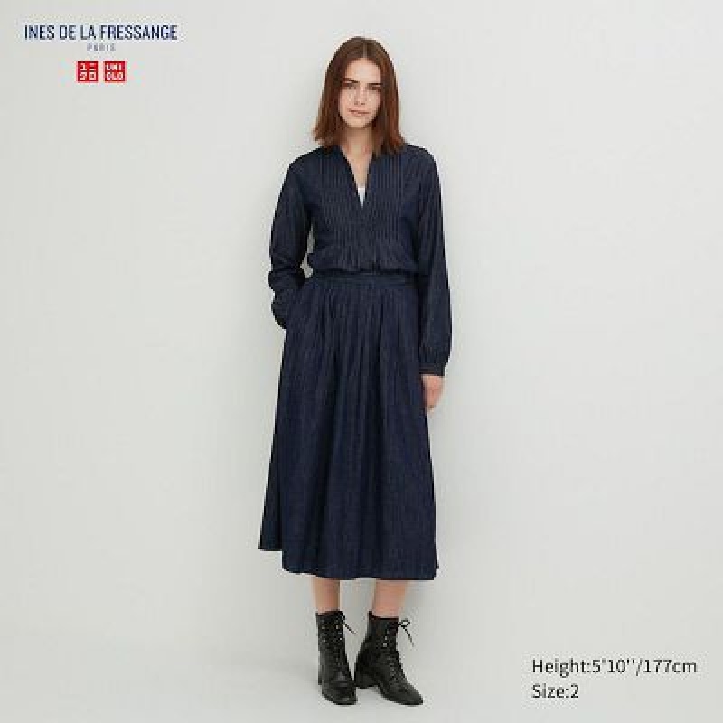 Women Uniqlo Denim Gather Skirts Navy | 9995599
