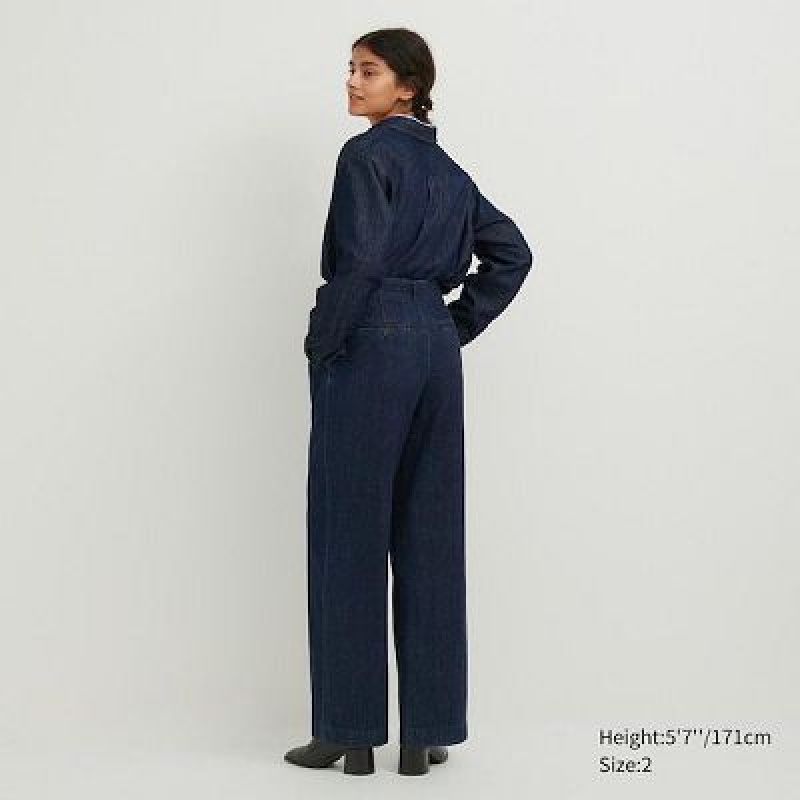 Women Uniqlo Denim Wide-Fit Pleated Pants Navy | 8083782