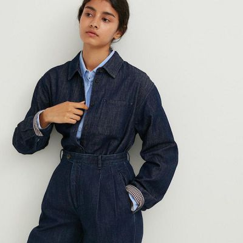 Women Uniqlo Denim Wide-Fit Pleated Pants Navy | 8083782