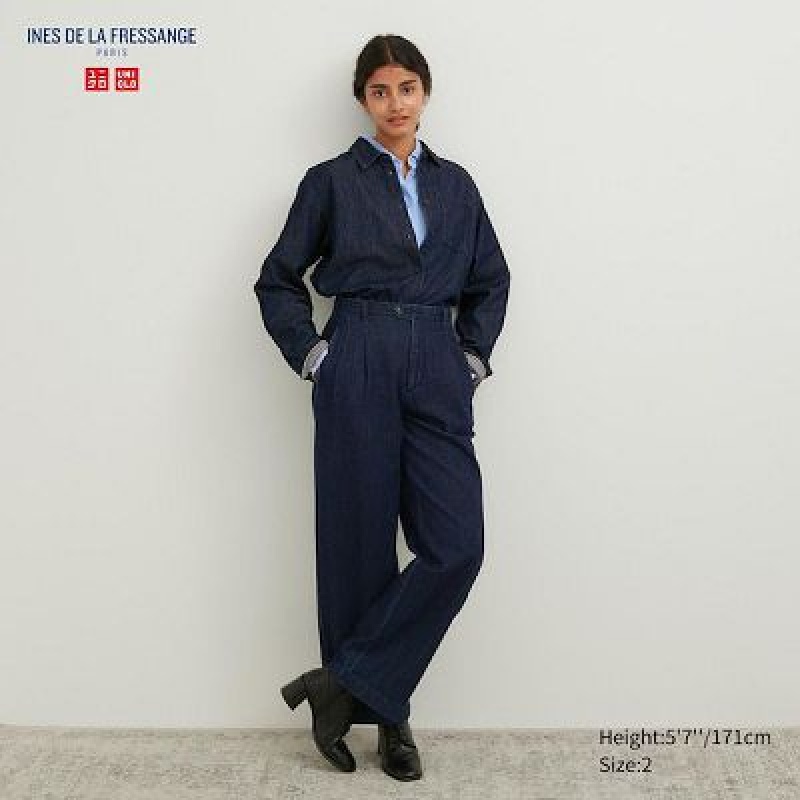 Women Uniqlo Denim Wide-Fit Pleated Pants Navy | 8083782