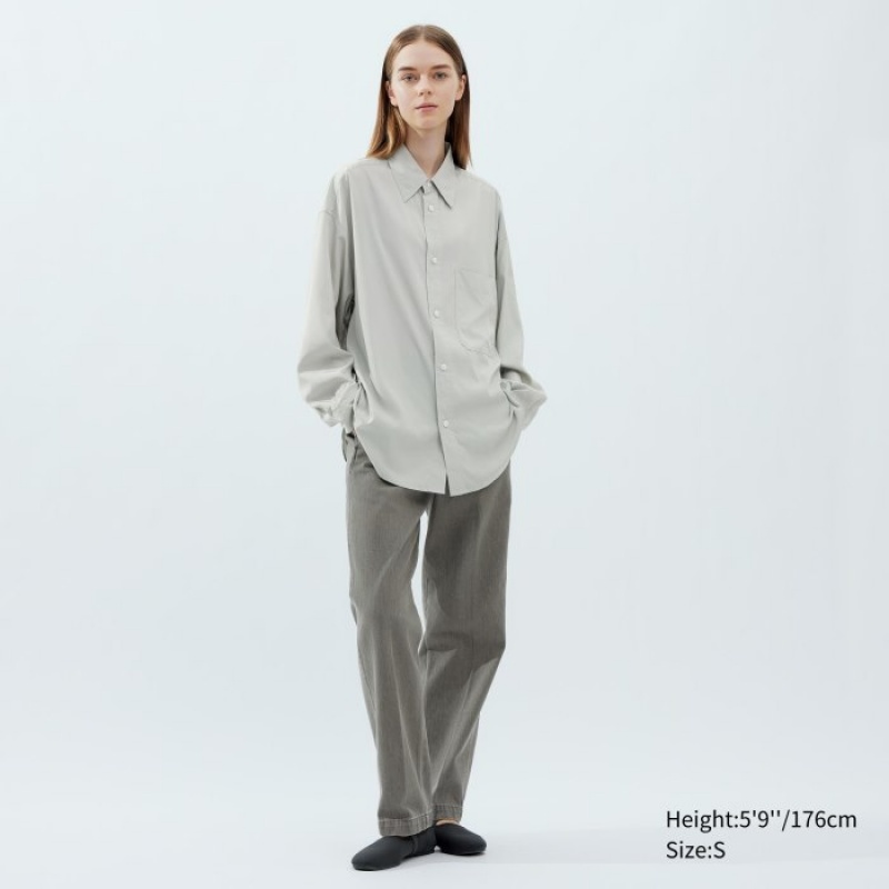 Women Uniqlo Draped Long-Sleeve Shirts Grey | 6429042