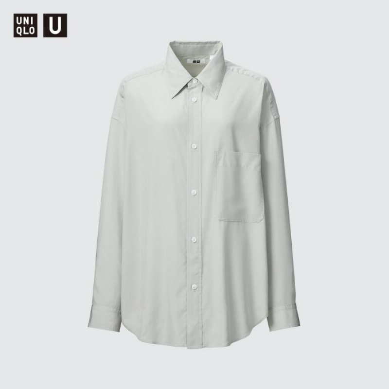 Women Uniqlo Draped Long-Sleeve Shirts Grey | 6429042