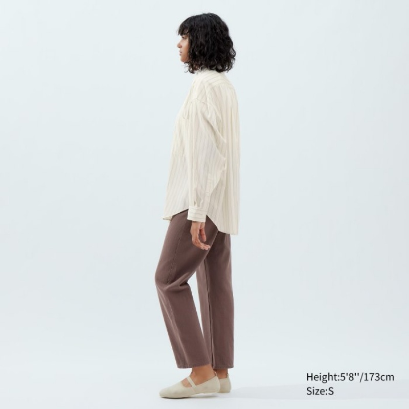 Women Uniqlo Draped Striped Long-Sleeve Shirts White | 3350482