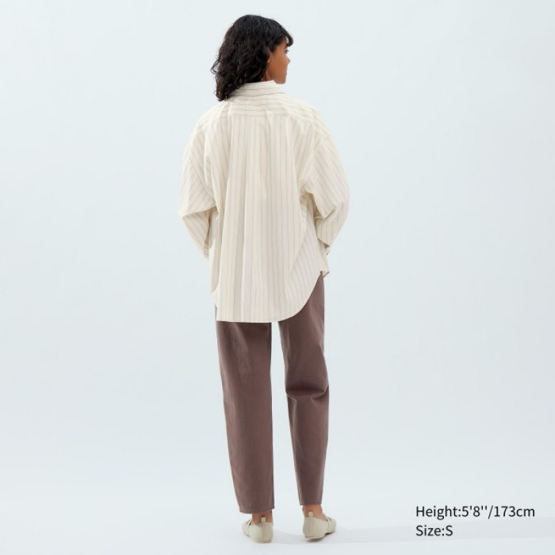 Women Uniqlo Draped Striped Long-Sleeve Shirts White | 3350482