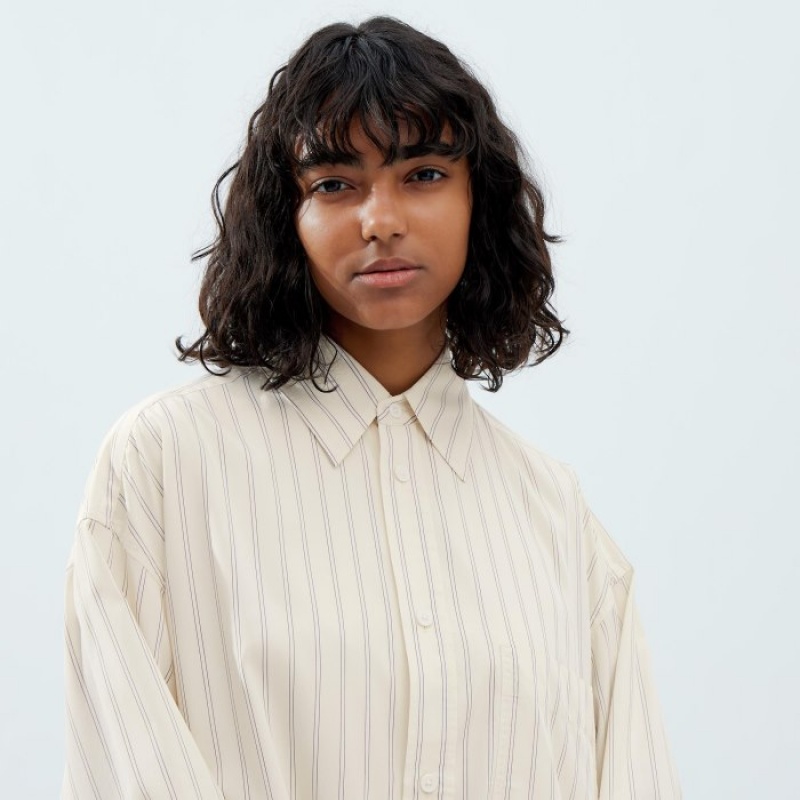 Women Uniqlo Draped Striped Long-Sleeve Shirts White | 3350482