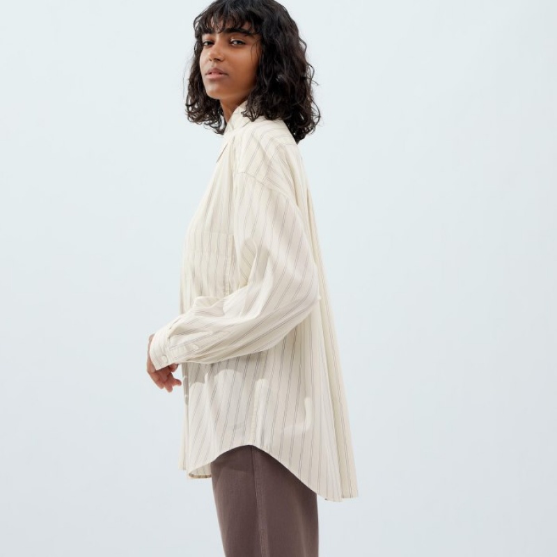 Women Uniqlo Draped Striped Long-Sleeve Shirts White | 3350482