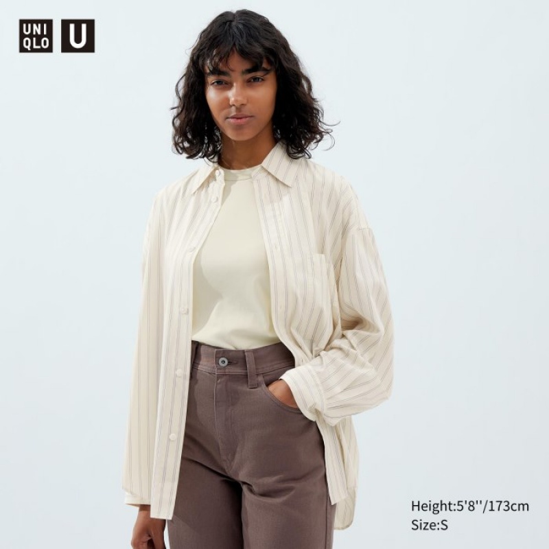 Women Uniqlo Draped Striped Long-Sleeve Shirts White | 3350482