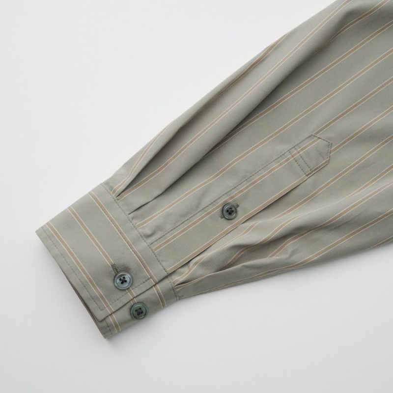 Women Uniqlo Draped Striped Long-Sleeve Shirts Olive | 6509373