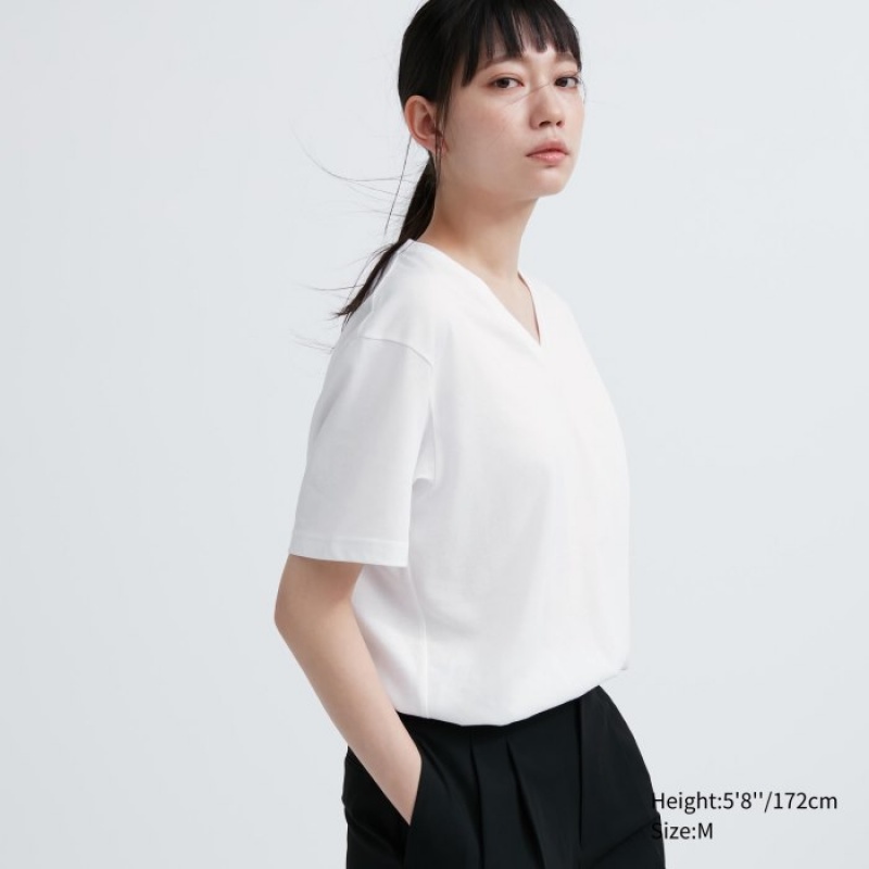 Women Uniqlo Dry Color V-Neck Short-Sleeve T Shirts Red | 6262217