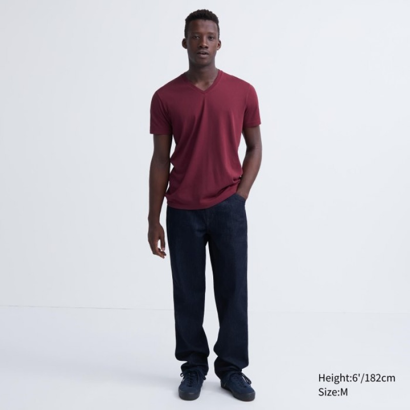 Women Uniqlo Dry Color V-Neck Short-Sleeve T Shirts Red | 6262217