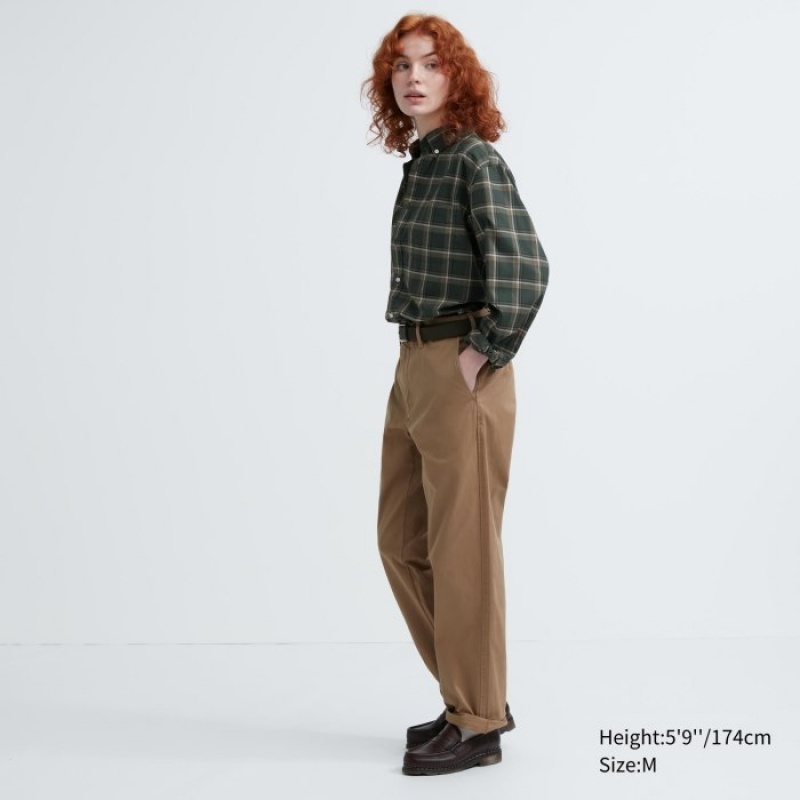 Women Uniqlo Extra Fine Cotton Broadcloth Checked Casual Shirts Olive | 5007199