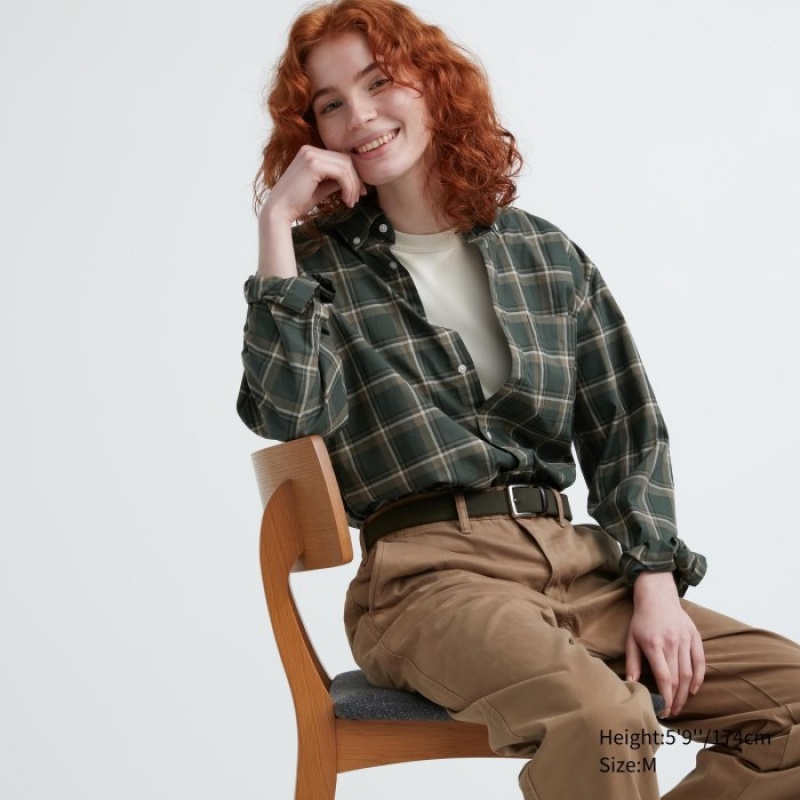 Women Uniqlo Extra Fine Cotton Broadcloth Checked Casual Shirts Olive | 5007199