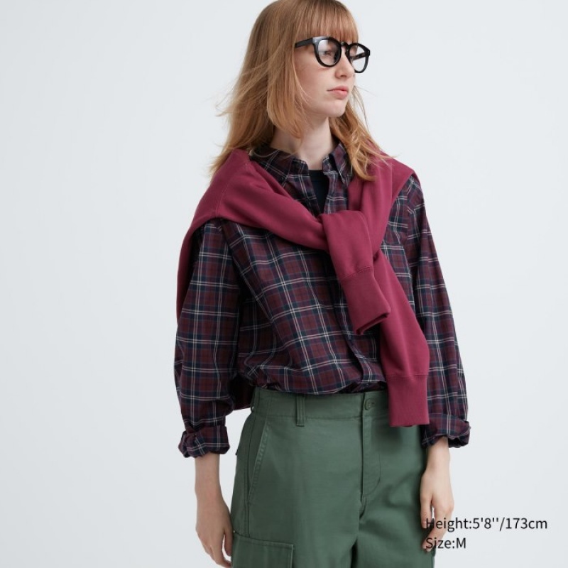 Women Uniqlo Extra Fine Cotton Broadcloth Checked Casual Shirts Burgundy | 4946191