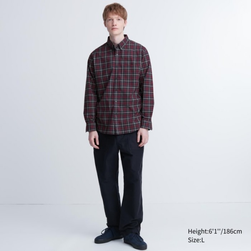 Women Uniqlo Extra Fine Cotton Broadcloth Checked Casual Shirts Burgundy | 4946191