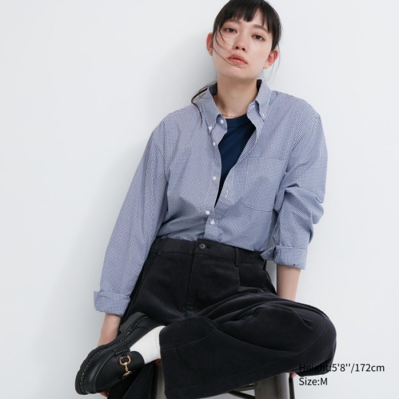 Women Uniqlo Extra Fine Cotton Broadcloth Checked Casual Shirts Blue | 1064491