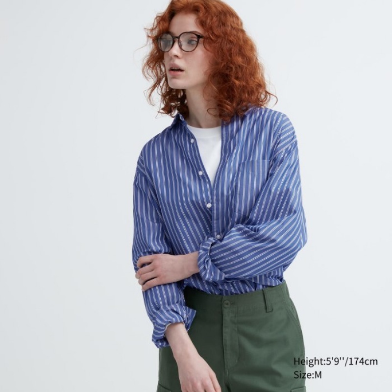Women Uniqlo Extra Fine Cotton Broadcloth Striped Casual Shirts Blue | 9701671