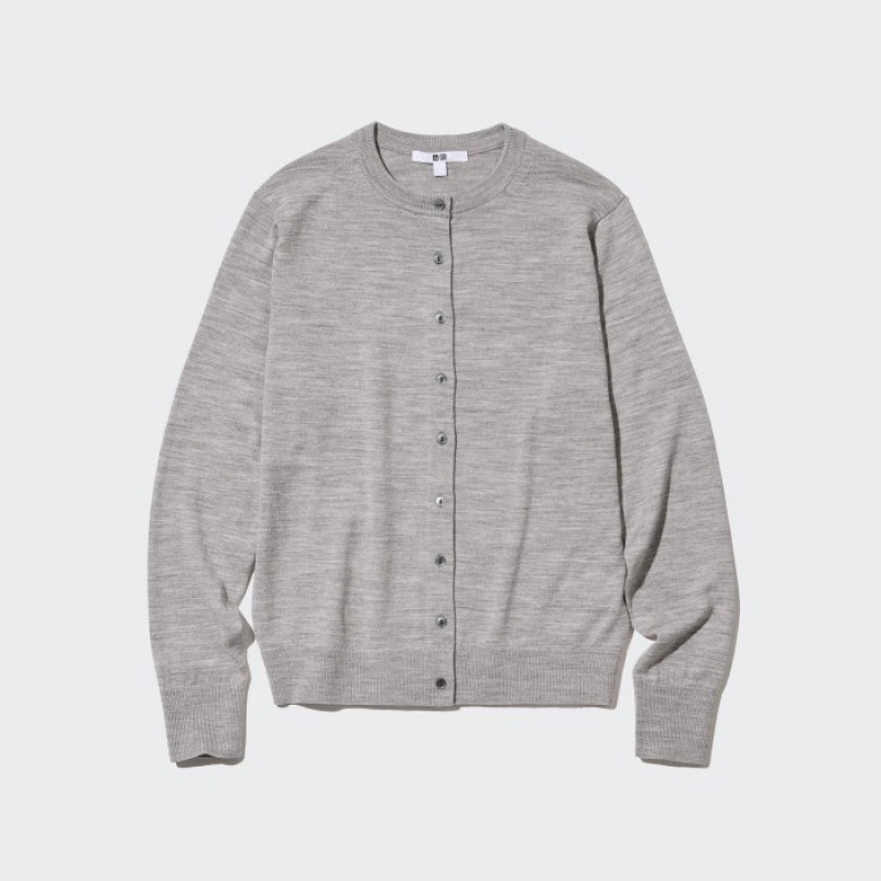 Women Uniqlo Extra Fine Merino Crew Neck Cardigan Grey | 5624301