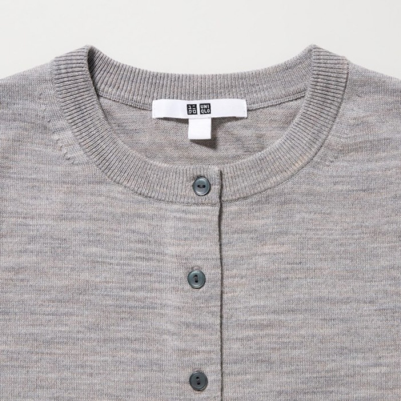 Women Uniqlo Extra Fine Merino Crew Neck Cardigan Grey | 5624301