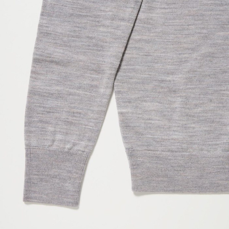 Women Uniqlo Extra Fine Merino Crew Neck Cardigan Grey | 5624301