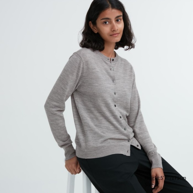 Women Uniqlo Extra Fine Merino Crew Neck Cardigan Grey | 5624301