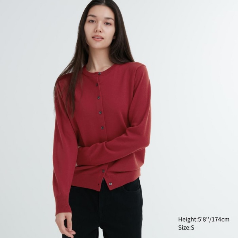 Women Uniqlo Extra Fine Merino Crew Neck Cardigan Red | 3085227