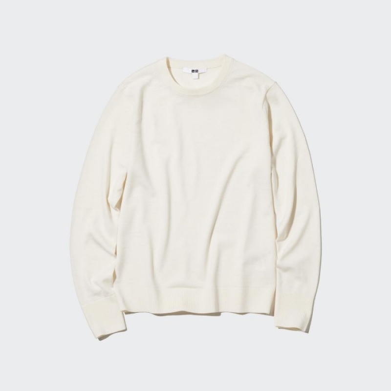 Women Uniqlo Extra Fine Merino Crew Neck Long-Sleeve Sweaters White | 3375569