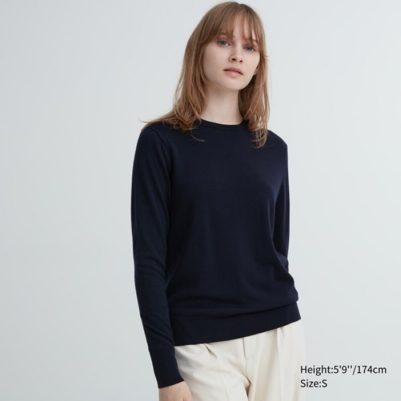 Women Uniqlo Extra Fine Merino Crew Neck Long-Sleeve Sweaters Navy | 9339705