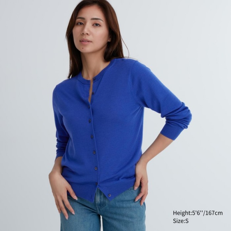 Women Uniqlo Extra Fine Merino Crew Neck Cardigan Blue | 8372372