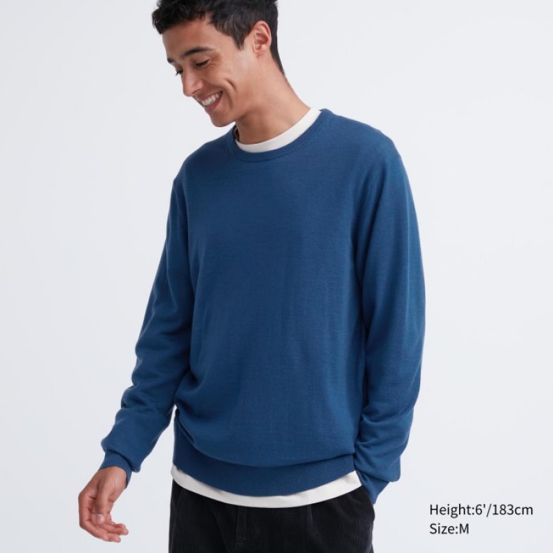 Women Uniqlo Extra Fine Merino Crew Neck Long-Sleeve Sweaters Blue | 517632