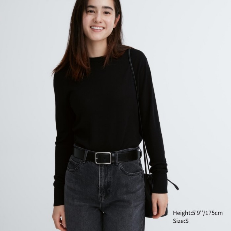 Women Uniqlo Extra Fine Merino Crew Neck Long-Sleeve Sweaters Black | 6355497