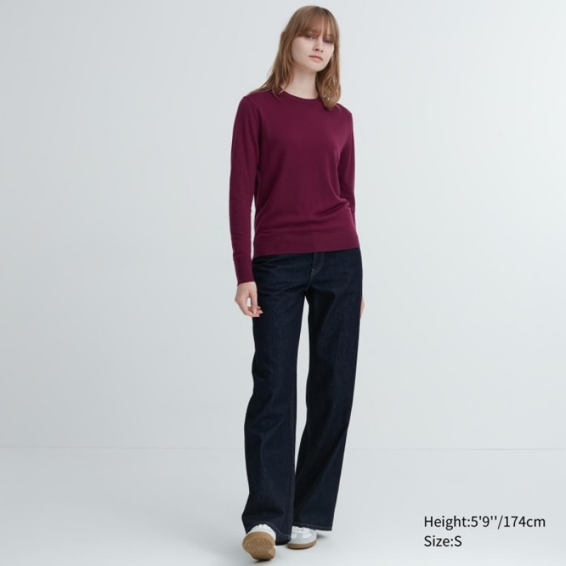 Women Uniqlo Extra Fine Merino Crew Neck Long-Sleeve Sweaters Burgundy | 759532