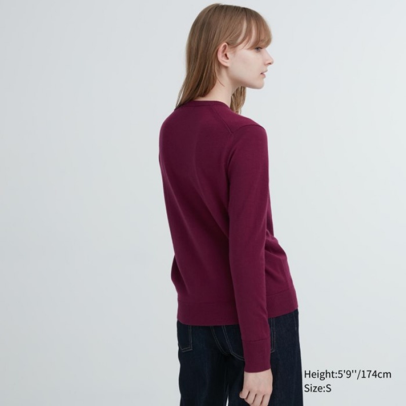 Women Uniqlo Extra Fine Merino Crew Neck Long-Sleeve Sweaters Burgundy | 759532