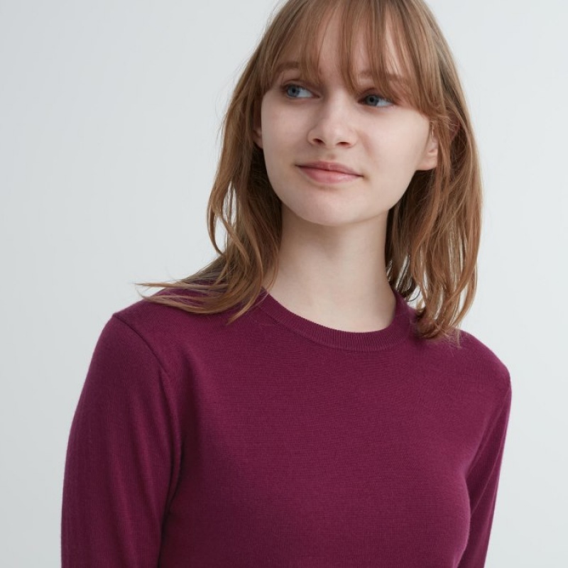 Women Uniqlo Extra Fine Merino Crew Neck Long-Sleeve Sweaters Burgundy | 759532