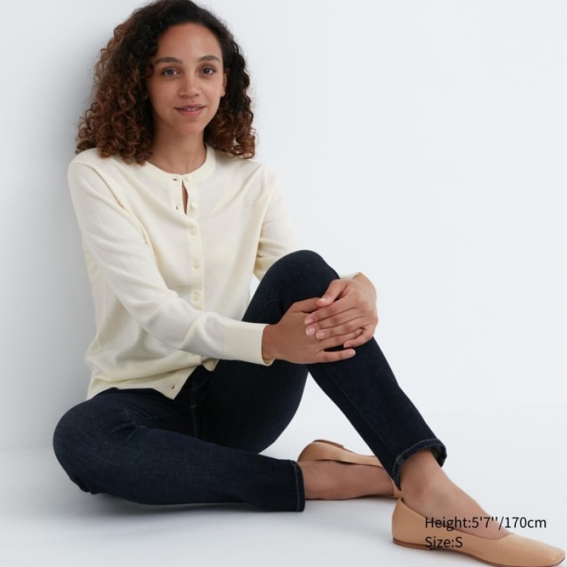 Women Uniqlo Extra Fine Merino Crew Neck Cardigan White | 3621551